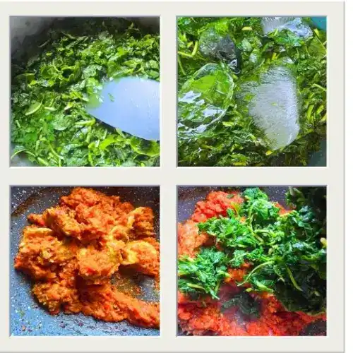Blanched ugu and scent leaf in ice water to preserve color for vegetable stew