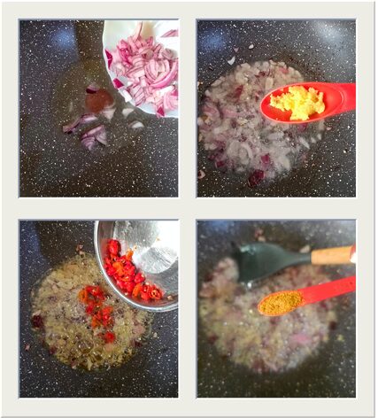 Whisked eggs being poured into a pan of sautéed onions, pepper, and tomatoes
