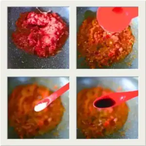 Blended tomato and pepper mix steaming in a pan for Nigerian vegetable stew