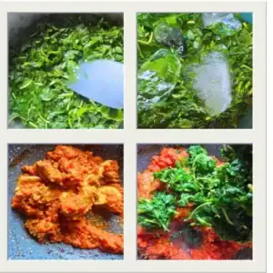 Blanched ugu and scent leaf in ice water to preserve color for vegetable stew